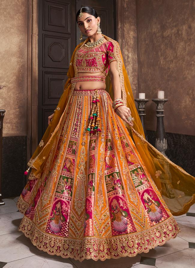 Banarasi Silk Orange Bridal Wear Embroidery Work Lehenga Choli